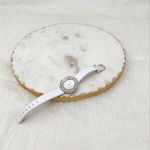 WORKS WHBM women's white leather watch with crystal studded silver watch face